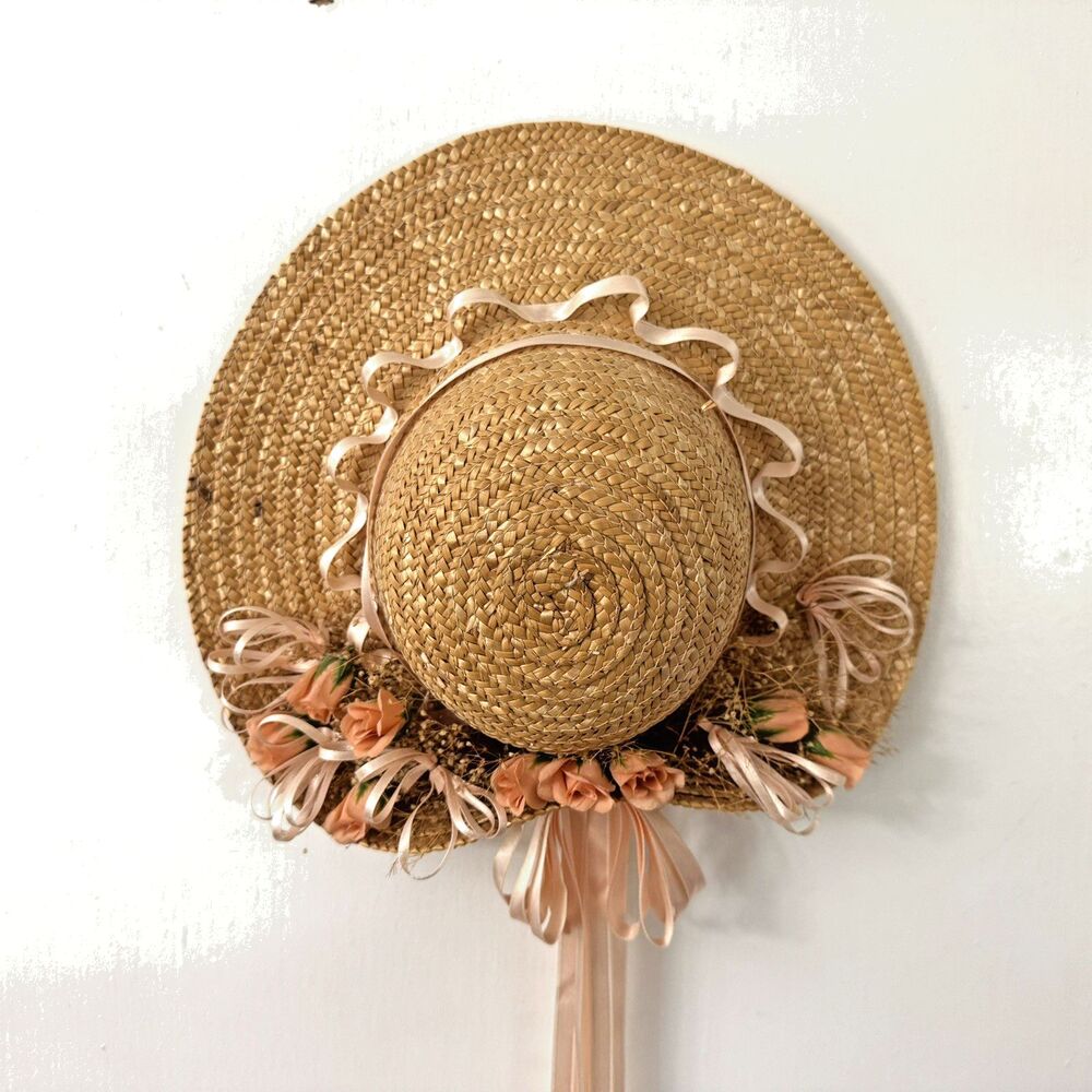 Straw Hat with Peach Flowers, Ribbons Grannycore Cottagecore Wall Decor - Picture 7 of 10